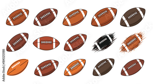 A large collection of American footballs illustrated in various styles, including cartoon, sketch, and grunge-textured designs.