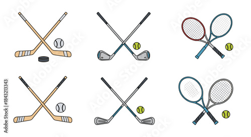 A set of sports equipment icons in a colorful cartoon style, featuring crossed hockey sticks, golf clubs, and tennis rackets.