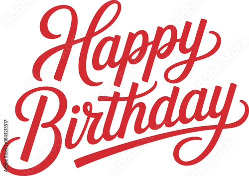Beautiful calligraphic red text spelling Happy Birthday is presented on a clean white background