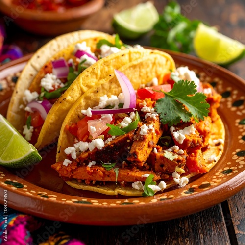 Close-up of two tacos, filling on a decorative plate, garnished with limes and cilantro