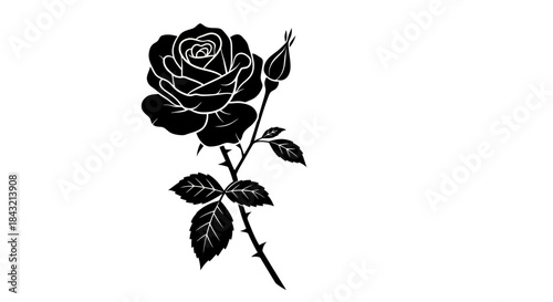 Elegant black silhouette of a single rose flower with a bud and thorny stem against a plain white background, graphic design element.