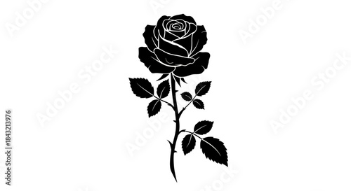 Elegant black silhouette of a single rose with a long thorny stem and detailed leaves.