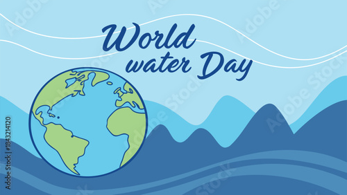 Celebrating world water day with a stylized illustration of planet earth surrounded by flowing blue water waves