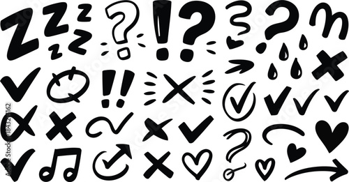 Various hand drawn black doodle symbols on white paper like elements conveying different messages