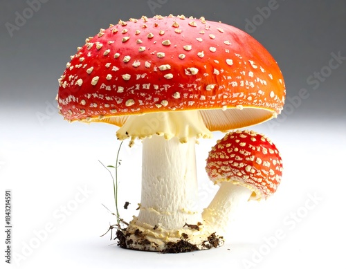 Close-up of two vibrant red and white-spotted mushrooms with one small plant detail