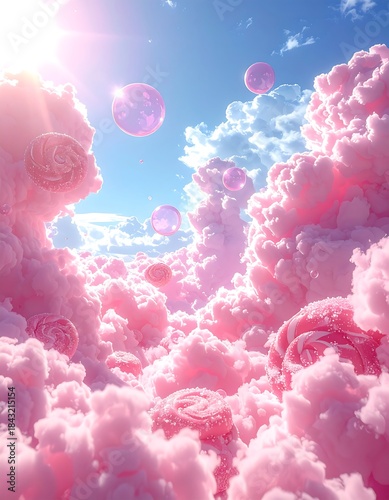 Dreamy sky filled with pink candy clouds and lollipop details