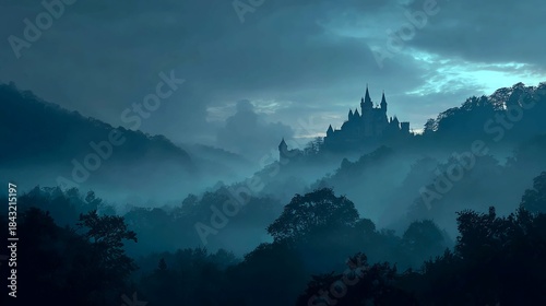Mysterious castle on a hill shrouded in fog and mist under a dark stormy sky