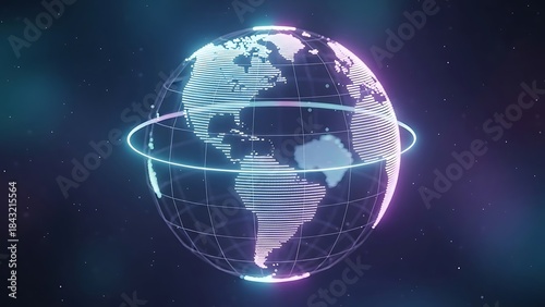 Futuristic digital globe with glowing lines and orbiting ring.