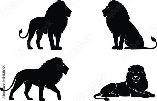 Black lion silhouettes in various majestic poses including standing, sitting, walking, and lying down for wildlife vector illustration use