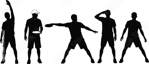Frisbee player silhouette vector set showing dynamic throwing, catching, and standing poses for sports, activity, fitness, and motion design