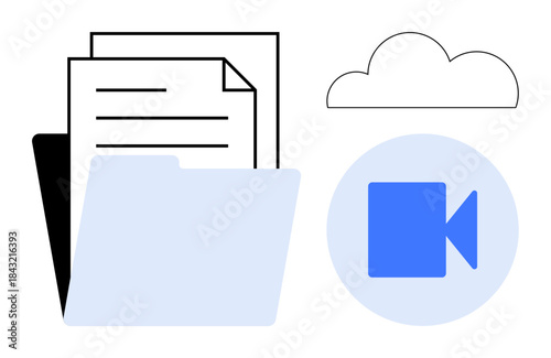 Document organization, cloud storage, virtual meetings, digital file sharing, online communication, data management. A folder, documents cloud and video camera icon. Document organization and cloud