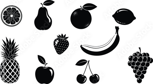 Fruit silhouette vector set featuring banana, pineapple, citrus, apple, strawberry, grape, pear, cherry for food, kitchen, and design use
