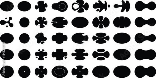 Collection of abstract black blob shapes featuring organic silhouettes, liquid forms, rounded elements, and modern artistic symbols for creative design and graphic composition