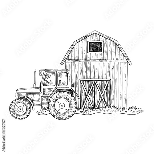 Farmyard. Barn and tractor. Black and white vector illustration drawn by hand. Concept of agricultural industry. Design element for banners, labels, postcards and more.