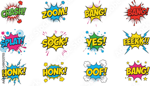 Colorful comic sound-effect vector collection featuring bold action words, dynamic explosions, expressive pop-art style bursts, and energetic cartoon elements for graphic design projects