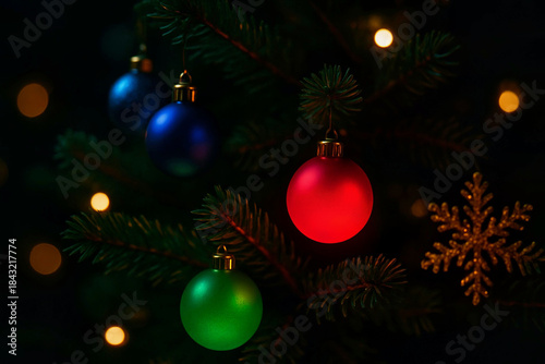 christmas tree and decorations with lights at the dark theme night
