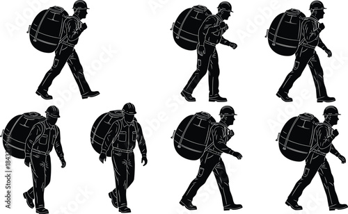 Worker silhouette set, man in hard hat walking and carrying a large heavy gear bag, construction laborer vector icon collection, isolated on white.