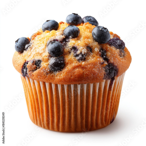 Blueberry muffin with fresh blueberries and crumbly topping in paper cup