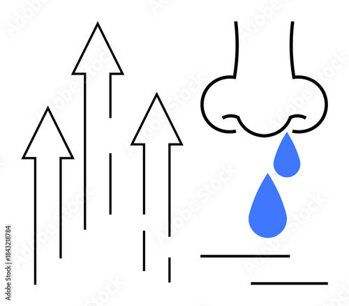 Nose with dripping blue drops beside upward arrows symbolizing allergens or triggers. Ideal for allergy, health, illness, environment, respiratory, medical, education themes. Simple flat metaphor
