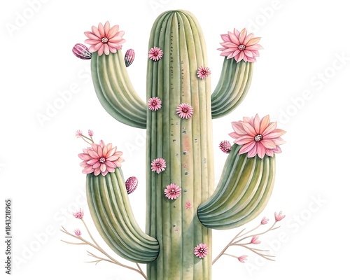 a green cactus with pink flowers on it
