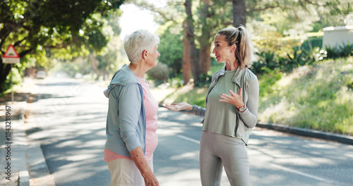 Billede på lærred Senior, women or discussion with personal trainer in road for workout routine or exercise together