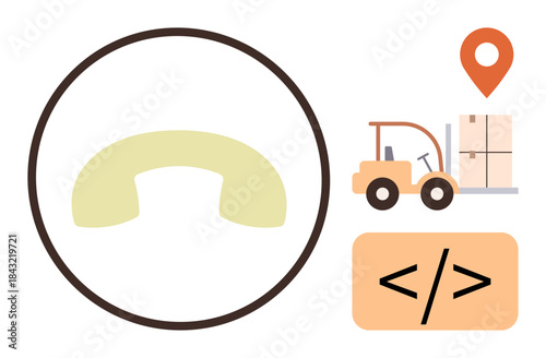 Phone handset, forklift with palette, location pin, and coding brackets suggesting business integration. Ideal for logistics, technology, communication, management, coding connectivity automation