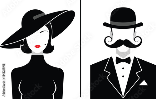Vintage style ladies and gentlemen sign, man with mustache and hat, woman with red lips, classic restroom door vector icon design