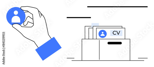 Recruitment process. Recruitment visualization with hand selecting profile icon near CV folder. Recruitment highlights talent acquisition, job application review, candidate management, and hiring