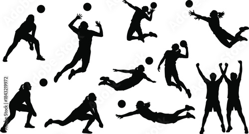 Volleyball player silhouette collection featuring spiking, blocking, diving action, sport team game vector illustration set, black and white female athlete character design