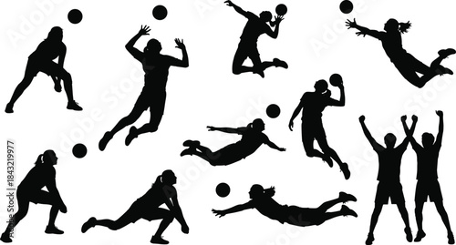 Volleyball player silhouette collection featuring spiking, blocking, diving, sport team game vector illustration set, black and white female athlete character design, isolated on white background
