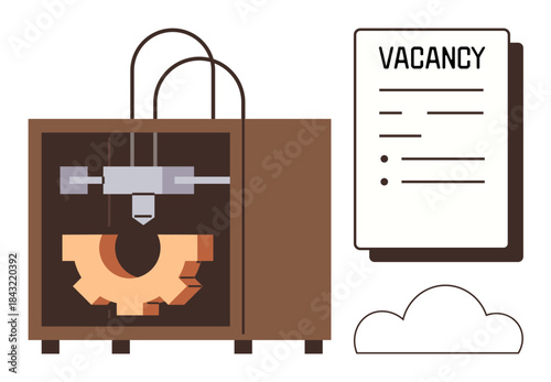 3D printer crafting a gear, job vacancy poster nearby, symbolizing technology, manufacturing, career opportunities, innovation, automation, education and creativity. Ideal for tech jobs and simple