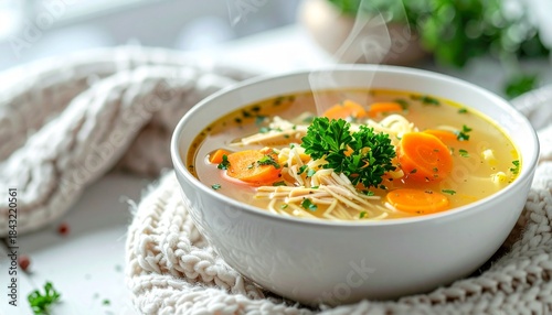 Delicious and Warm Chicken Noodle Soup with Carrots in White Bowl