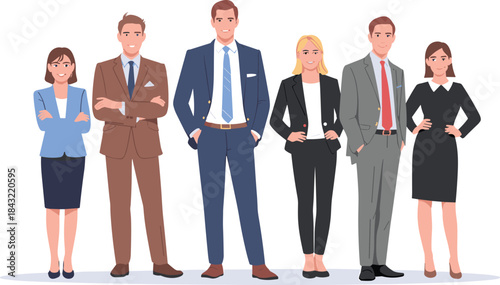 Corporate team of diverse business professionals in formal attire standing together, representing leadership, teamwork, office culture, and career success