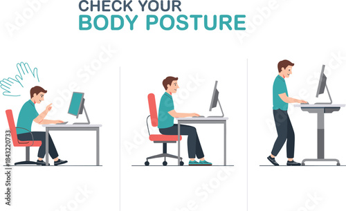 Correct and incorrect computer posture guide with sitting and standing desk positions for ergonomic health, workplace safety, and digital lifestyle awareness