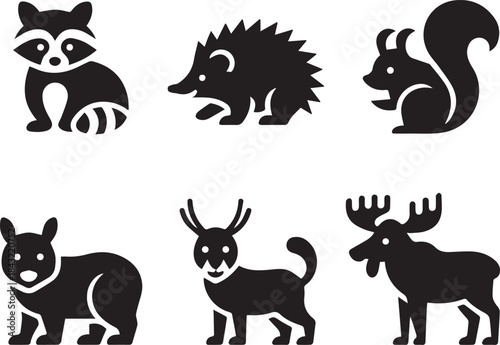 Set of animals, vector illustrations of wild and domestic animals, isolated black and white wildlife collection for nature, education, and design