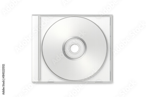 Silver compact disc in transparent plastic jewel case, mock up for music and data storage on blank background