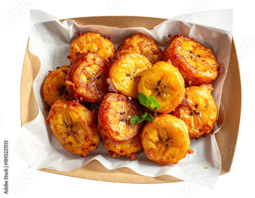 Golden Fried Plantain Medallions with Mint Garnish in a Takeout Container
