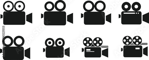 Video camera icon set vector illustration, black cinema movie film reel silhouette collection for production studio, retro digital recording equipment symbol isolated on white background