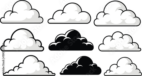 Cartoon cloud silhouette, stormy and fluffy vector, weather icon illustration, sky element graphic, cad drawing flat vector illustration