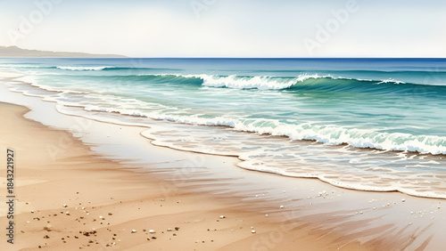 A serene beach scene with waves gently lapping at the shore on a sunny day