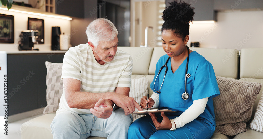 Fototapeta premium Clipboard, senior man and nurse in home for medical assessment, checkup or consultation. Checklist, caregiver and talk with person in retirement for health evaluation, writing report or test results
