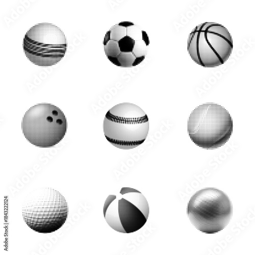 Halftone ball icon set in black and white. Abstract dotted spheres representing different sport balls. Retro pop art style, minimal vector illustration for design, print, branding.