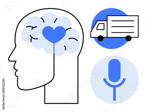 Mental health, logistics, communication, emotional intelligence, technology integration, mindfulness. Human head with heart in brain, microphone and truck symbols. Mental health and logistics