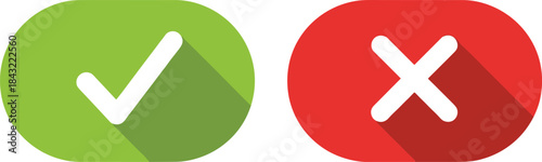 Check mark and cross button vector icons featuring flat design style, long shadows, bold colors, approval symbols, and decision indicators for UI and graphic projects