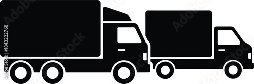 Two black delivery truck silhouettes vector illustration isolated on white background for logistics transportation company logo or shipping service icon