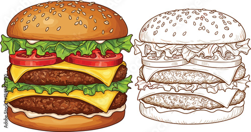 Vector illustration of double cheeseburger with color and outline style, featuring beef patties, cheese, lettuce, and tomato for fast food menu and restaurant branding