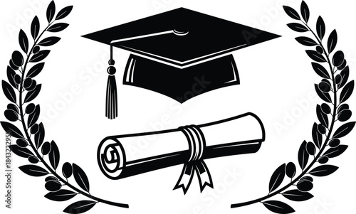 Vector illustration of graduation cap with tassel and rolled diploma scroll surrounded by laurel wreath in black and white for academic university education success