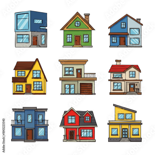 Set of nine colorful cartoon house icons on white background
