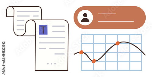 Documents with text, user profile icon, and line graph represent reporting, analytics, and data organization. Ideal for business, analysis, account management, education statistics finance