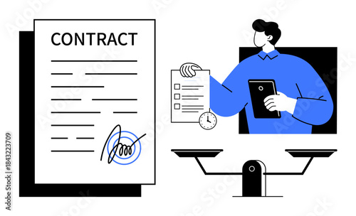Business negotiations, legal agreements, decision-making, contracts, justice, document management. A large signed contract, person with papers clock and scales. Legal agreements and business